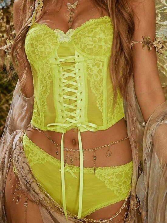 Betsey Johnson Tops - Betsey Johnson Corset Dress Top Panties Lingerie Set Green Lace Mesh Butterfly S